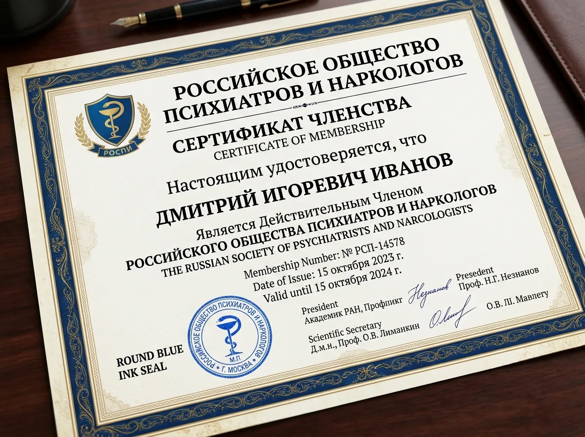 Свидетельство о членстве в Российском обществе психиатров наркологов, официальный документ с логотипом организации и синей печатью